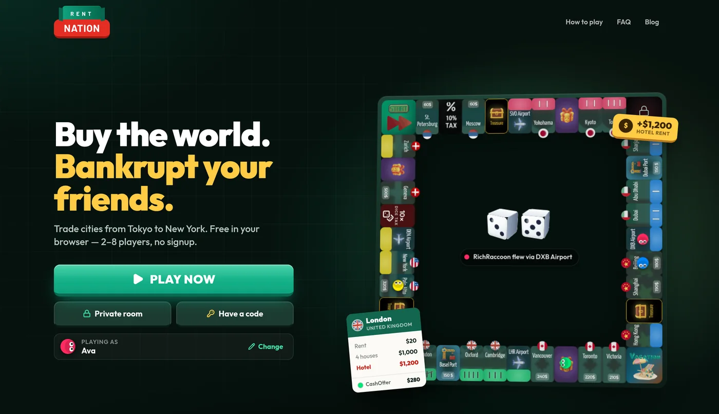 The new RentNation landing page: the headline “Buy the world. Bankrupt your friends.” next to a self-playing demo board, with Play now, Private room and Have a code buttons.