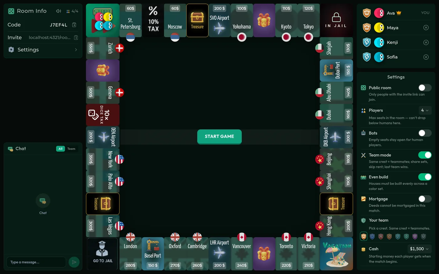 Lobby on the full game board: Start Game button in the center, Room Info and chat on the left, player list with team crests and the settings panel on the right.