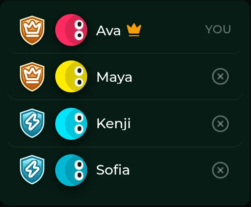 Player list with a crest next to each name: Ava and Maya share the Royals crest, Kenji and Sofia share the Storm crest.